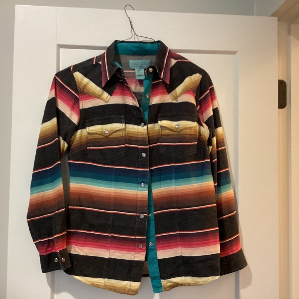 Tasha Polizzi Southwestern Striped Snap Front Collared Blouse S